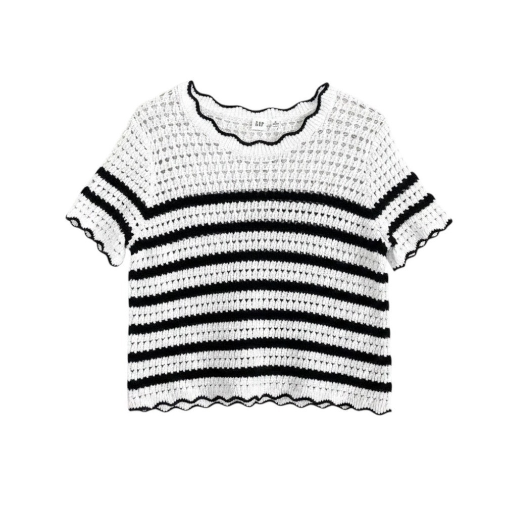Gap Women White Black Striped Crochet Knit Short Sleeve Sweater Scallop Trim M